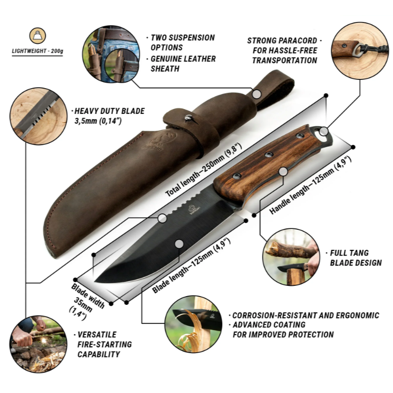 BeaverCraft Carbon Steel Full Tang Bushcraft Knife Walnut Handle with Leather Sheath