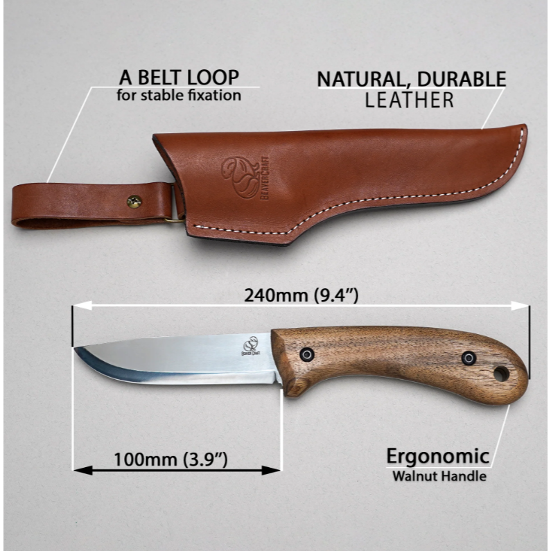 BeaverCraft Carbon Steel Bushcraft Knife Walnut Handle with Leather Sheath