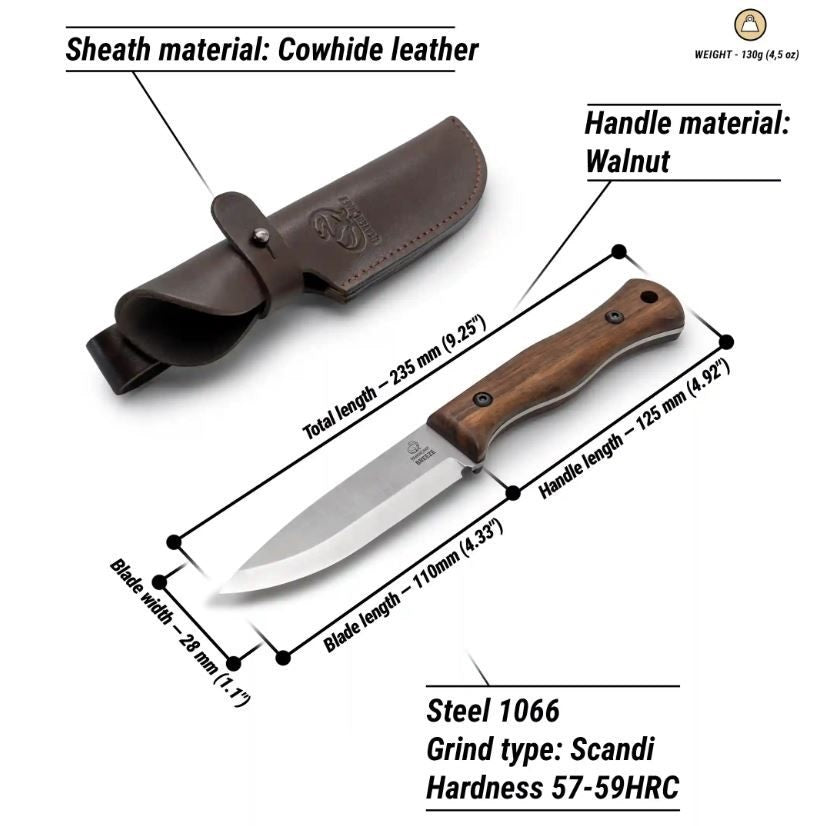 BeaverCraft Bushcraft Knife with Walnut Handle - Breeze BSH6