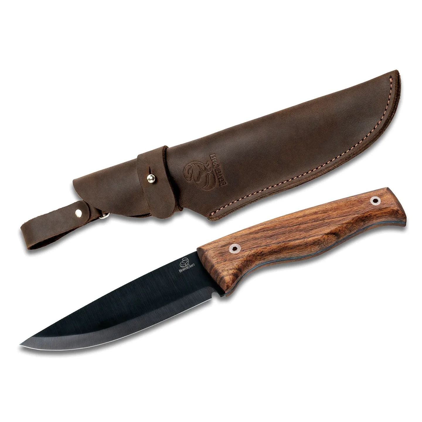 BeaverCraft Carbon Steel Partial Tang Bushcraft Knife Walnut Handle with Leather Sheath